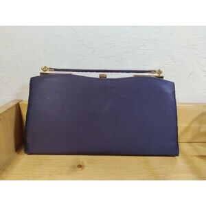 Vtg ANDE' Navy Satin Clutch Purse Evening Handbag Gold Shell Detail Signed 10x6"